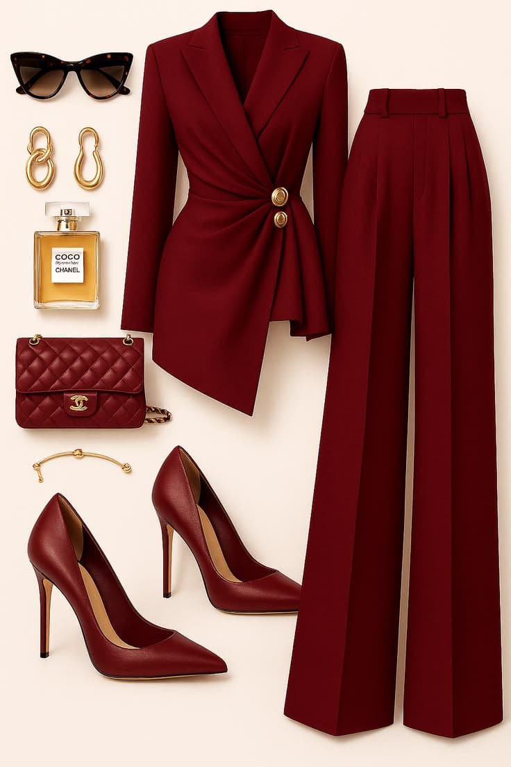 Bordeaux power suit flat-lay