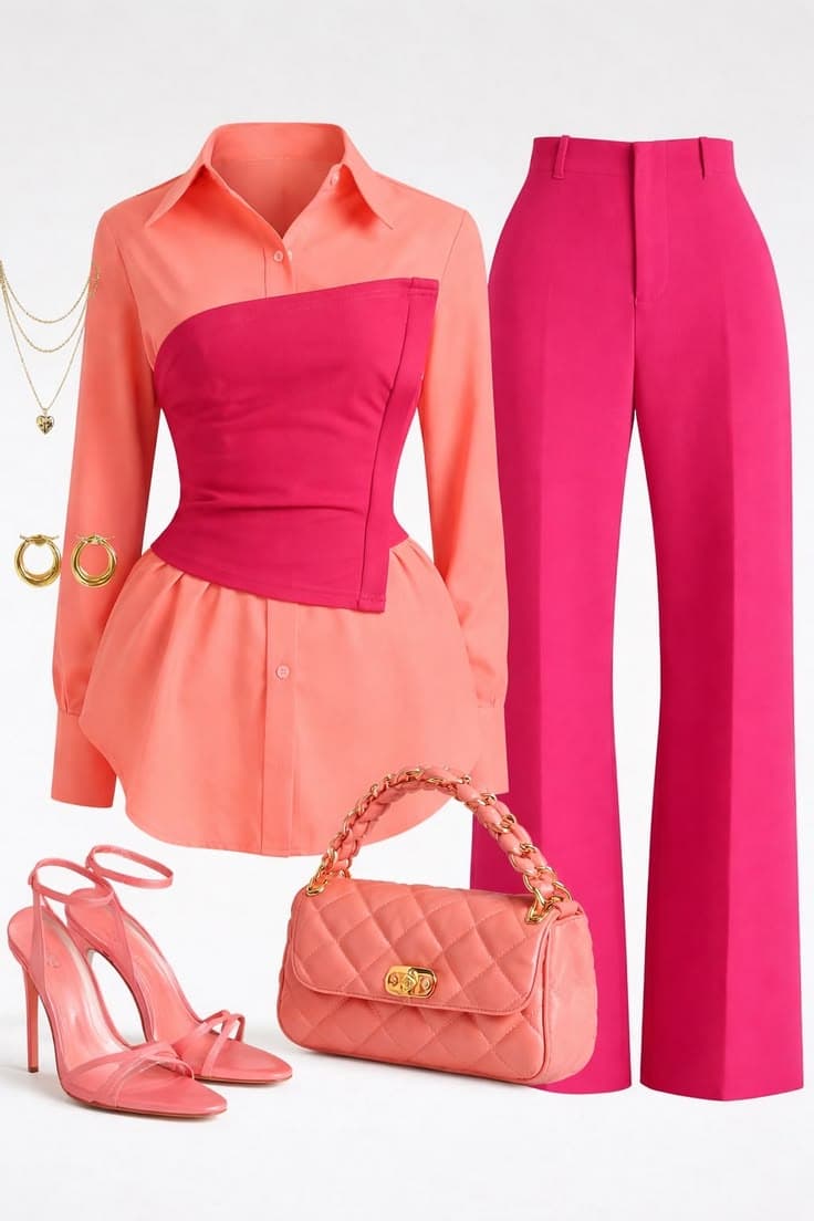 Coral two-piece look flat-lay